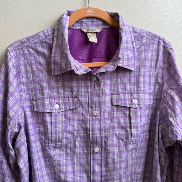 Women's DuluthFlex Sidewinder Roll Tab Sleeve Shirt purple plaid Size L - Picture 3 of 4